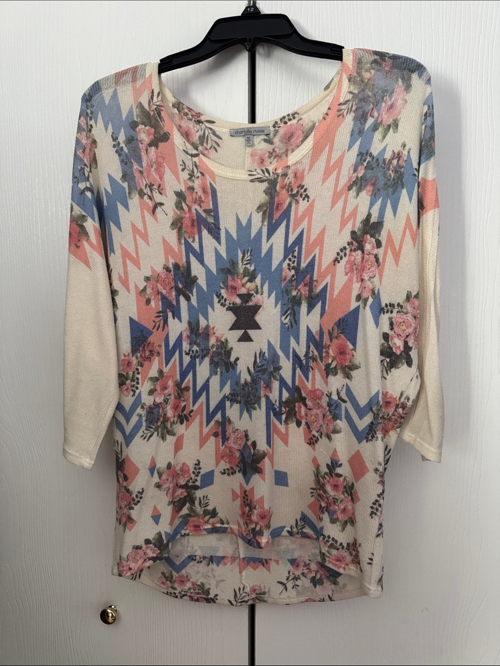 Charlotte Russe Cream Top with Pink Floral & Blue Geo Print